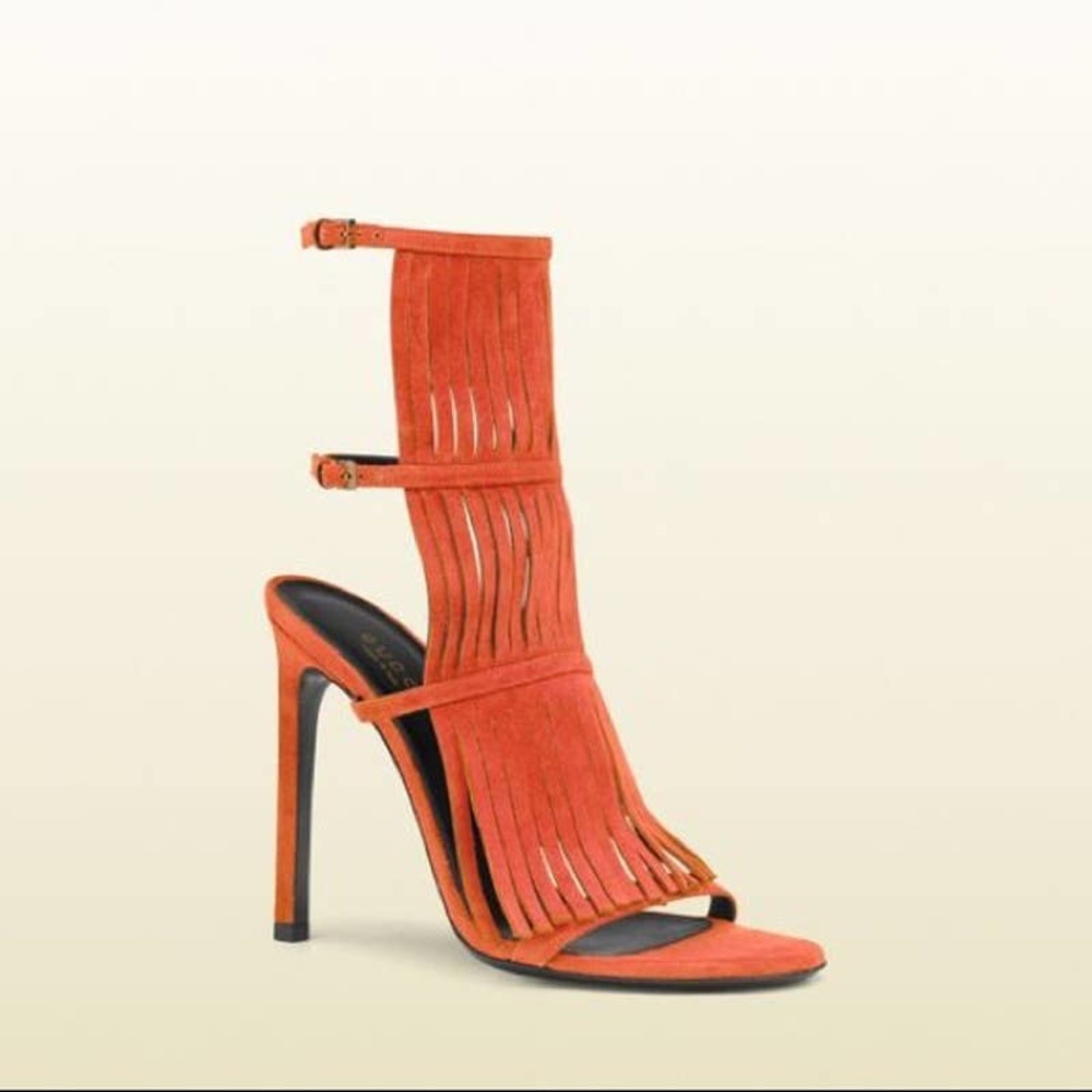 NIB GUCCI DARK ORANGE SUEDE FRINGE BECKY GLADIATOR HEEL TALL SANDALS 36.5 6.5